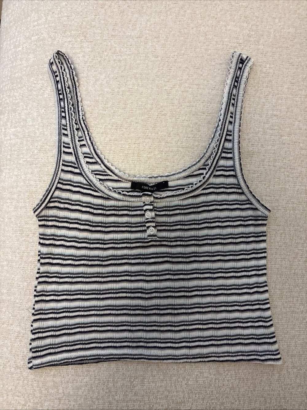 Forever 21 Black & White Striped Ribbed Scoop Tank Top Size Small
